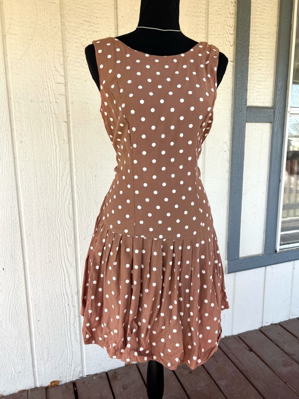 Vintage Brown Polka Dot Drop Waist Mini Dress Size 7 Cottagecore - Picture 3 of 7
